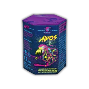 Batterie Albert AC20-7-4 Aidos Feuerwerksbatterie 7 Schuss mit blauem Leuchtspuraufstieg, Titangoldweiden und grünen Blinksternen