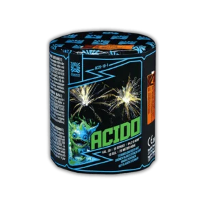 Batterie Argento Acido AC20-10-1 Feuerwerksbatterie 10 Schuss 20mm mit Titangoldweiden, grünen Blinksternen und Brokatkronen mit blauen Sternen