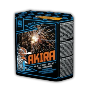 Batterie Argento Akira AC30-13-10 Feuerwerksbatterie 13 Schuss 30mm mit blauen Feuertöpfen, Rotblinker-Schweifen und Dahlien mit roten Sternen