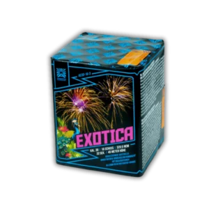Batterie Argento Exotica AC30-16-3 Feuerwerksbatterie 16 Schuss 30mm mit Brokatweiden und Dahliensternen in Lemon-Blau und Purpur-Orange