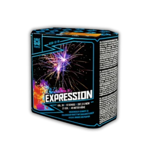 Argento Expression F2 – 13-Schuss-Feuerwerksbatterie, 30 mm Kaliber, mit Goldcracker-Buketts und bunten Dahliensternen in Blau, Orange und Purpur