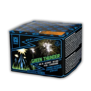 Batterie Argento Green Thunder Feuerwerksbatterie mit Grünblinker-Feuertöpfen, blau aufsteigenden Bombetten und Titansalut-Blitzen