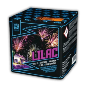 Batterie Argento Lilac Feuerwerksbatterie mit violetten Sternbuketts, Titangoldweiden, Brokatweiden und Corollaweiden