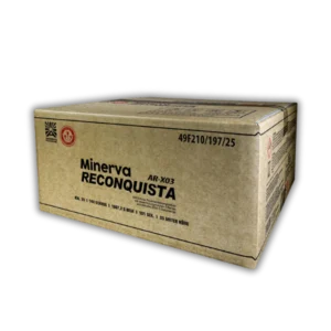Argento Minerva Reconquista F2 – 144-Schuss-Verbundfeuerwerk, 25 mm Kaliber, ca. 101 Sek., fast 2000 g NEM, mit Dahliensternen, Weiden, Brokat- und Crackereffekten