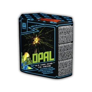Argento Opal F2 – 13-Schuss-Feuerwerksbatterie, 30 mm Kaliber, mit blauen Feuertöpfen, goldenen Blinkschweifen und grüner Blinkweide