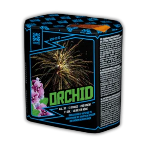 Batterie Argento Orchid Feuerwerksbatterie 13 Schuss mit Brokatschweifaufstieg, Brokatkronen, violetten Spitzen und grünen Blinksternen