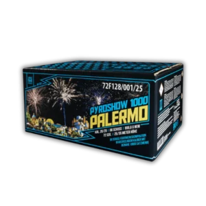 Argento Palermo 96 Schuss F2-Verbund (999,6g NEM, 72s) mit Titangold, Brokat, Corolla, farbigen Blinkern und Crackling-Spinnen.