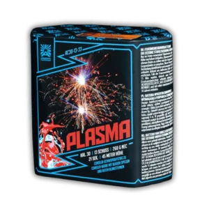 Batterie Argento Plasma Feuerwerksbatterie 13 Schuss mit Corolla-Schweifaufstieg, Corolla-Weiden, blauen Spitzen und roten Blinksternen