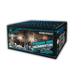 Verbundfeuerwerk Argento Sacramentum AR-C04 Pyroshow 2000-B 100 Schuss 30mm mit Brokat, Titangold, Päonien, Weiden, Palmen und Silbercracker-Finale