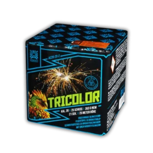 Batterie Argento Tricolor AC20-25-2 Feuerwerksbatterie 25 Schuss 20mm mit Brokatgoldweiden und dreifarbigen Blinksternen