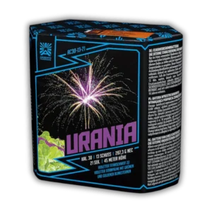 Batterie Argento Urania Feuerwerksbatterie mit violetten Titanschweif-Aufstiegen, Titanpalmen sowie goldenen und grünen Blinksternen