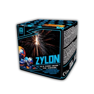 Argento Zylon F2 – 16-Schuss-Feuerwerksbatterie, 30 mm Kaliber, mit Blinkschweifen in 4 Farben, blauen Sternen und Titangoldpalmen