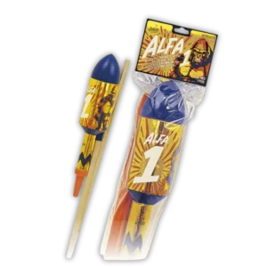 Iskra Alpfa 1 XXL Rakete F3 – goldener Schweifaufstieg zu Brokatkrone mit rotem Stroboskop