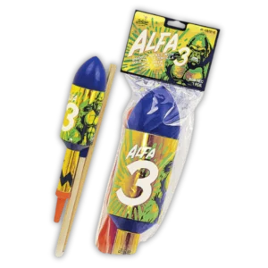 Iskra Alpha 3 XXL Rakete F3 – goldener Schweifaufstieg zu Corollaweide mit grünem Stroboskop-Pistil