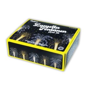 Lametta-Fontänen Sortiment – 5 Fontänen mit Gold- und Brokat-Lamettafäden, teils mit blauen Sternen und Goldchrysanthemen.