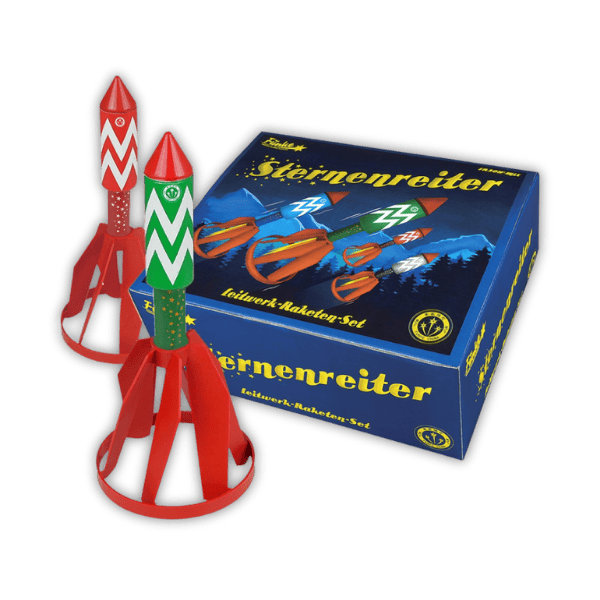 Funke Sternenreiter Raketen F2 – 4er-Sortiment mit Goldregen, Blink- und Silbercracker-Effekten.