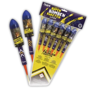 Funke Super Bombenraketen F3 – Sortiment mit 6 Raketen, 53 g Satz, Brokat, Corolla, Goldregen, Multicolor, Silbercracker, Weißblinker