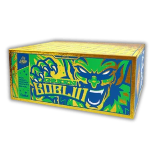 Verbundfeuerwerk Iskra Green Goblin 131 Schuss 25–30mm mit Minen, Brokatkronen, Goldweiden, Dahlien, Strobes und Titansalut-Finale