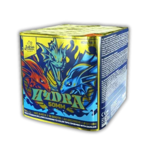 Iskra Hydra – F3 Feuerwerksbatterie, 16 Schuss, 50 mm Kaliber, goldene Titanweiden mit Farbspitzen und Dahlien, ca. 32 Sekunden