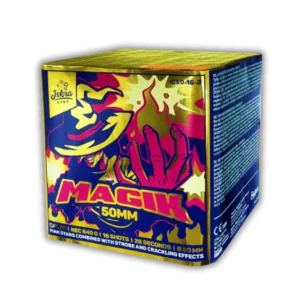 Iskra Magik – F3 Feuerwerksbatterie, 16 Schuss, 50 mm Kaliber, pinke Sterne mit Strobe, Crackling und Willow, Silber-Chrys-Finale, ca. 28 Sekunden