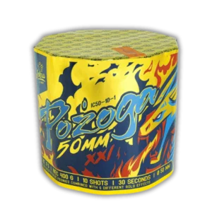 Iskra Pożoga – F3 Feuerwerksbatterie, 10 Schuss, 50 mm Kaliber, blaue Päonien mit Goldeffekten, ca. 30 Sekunden