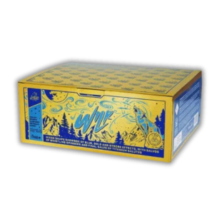 Verbundfeuerwerk Iskra Wilk 99 Schuss 20mm mit Brokatkronen, blauen Päonien, Strobe-Effekten, Wirbelaufstiegen und Titansalut-Finale