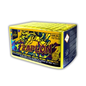 Iskra Zaplon F2 – Feuerwerksbatterie, 25 mm Kaliber, mit Goldeffekten, blauen/purpurnen Sternen und Titanfunken-Blitzfinale