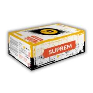 Pryme Suprem – 75-Schuss-Verbundfeuerwerk im Kaliber 30 mm mit Goldeffekten, Blinksternen und rotem Glitterfinale