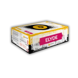 Verbundfeuerwerk Pryme Elyde 1.3G mit Goldpalmen, blauen Schweifaufstiegen, silbernen Drill-Effekten und roten Glitzersternen