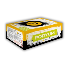 Verbundfeuerwerk Pryme Podyum 1.4G mit goldenen Kronen, Päonien, Titan-Gold-Coconuts, Silberdrachen und Popping-Effekten