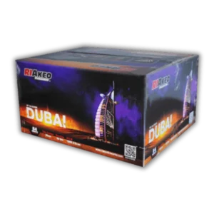 Verbundfeuerwerk Riakeo Dubai 84 Schuss 30mm mit Nishiki-Kamuro-Gold, roten Blinksternen und blauen Sternen