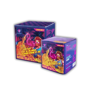 Tropenwahnsinn Neuheit F2 – 25 Schuss Feuerwerksbatterie mit Goldregen und Brokatkronen, kombiniert mit Neon-Tips in Orange, Pink, Aqua und Lemon.