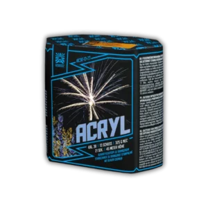 Argento Acryl F2 – 13 Schuss Batterie mit 30mm Kaliber, Blauer Feuertopf zu orangenem Titanschweif und orangener Titanpalme mit blauen Sternen.