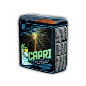 Argento Capri F2 – 13 Schuss Batterie mit 30mm Kaliber, Blauer Feuertopf zu Titangold-Schweifaufstieg, Titangoldweide mit blauen Spitzen und grünen Blinksternen.