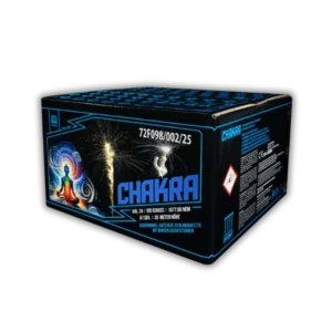 Argento Chakra F2 Batterie – 100 Schuss (24mm) mit Silberwirbel-Aufstieg, Blinkbuketts in Gold, Grün, Rot und Weiß mit bunten Leuchtsternen