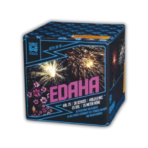 Die Argento Edaha ist eine hochwertige 36 Schuss Batterie in der Kategorie F2 mit einem kräftigen Kaliber von 25 mm und 496,8 g NEM. Über eine Dauer von ca. 25 Sekunden liefert sie ein voluminöses Bild am Himmel. Die Effekte sind eine beeindruckende Kombination aus eleganten Titangoldweiden und klassischen Brokatkronen.
