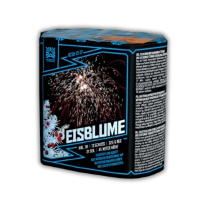 Argento Eisblume F2 – 13 Schuss Batterie mit 30mm Kaliber, Feuertopf und Bukett aus weißen Blütensternen und blutroten Dahliensternen.