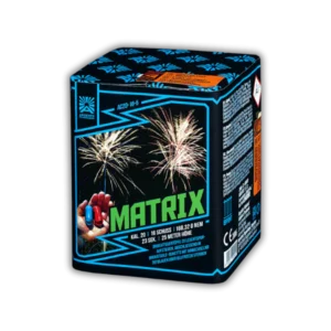Argento Matrix 16 Schuss F2-Batterie (20 mm Kaliber, 168g NEM) mit Brokatgold-Buketts und blauen/roten Sternen (30 Meter Höhe).