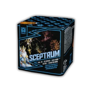 Argento Sceptrum 25 Schuss F2-Batterie (25 mm Kaliber, 450g NEM) mit Brokatkronen, Rotblinkern und 35 Meter Effekthöhe.