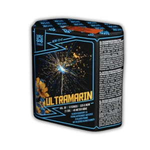 Argento Ultramarin F2 – 13 Schuss Batterie mit 30mm Kaliber, Blauer Feuertopf zu Tremolantschweif-Aufstieg und blauer Päonie mit goldenen Blinksternen.