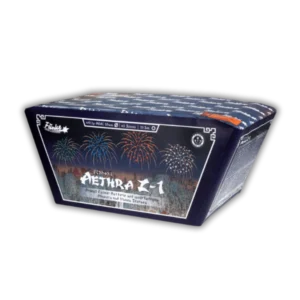 Funke Aethra Z-1 (63 Schuss, 498g NEM) Fächerbatterie mit Brokatschweif, Brokatkronen, mehrfarbigen Blinkern und 35 Meter Effekthöhe.