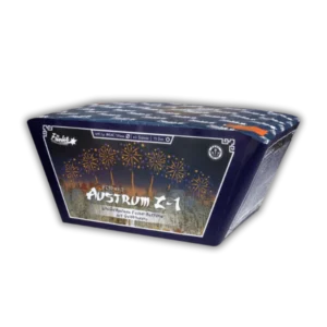 Funke Austrum Z-1 (63 Schuss, 499g NEM) Fächerbatterie mit Z-Shape, Titangoldpalmen, violetten Sternen und 35 Meter Effekthöhe.