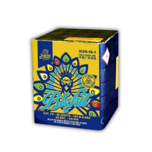 Iskra Blekit F2 Batterie – 16 Schuss (20mm) mit blauem Schweif zu Blue Peonies und Strobe-Sternen in Gold, Grün, Rot, Weiß