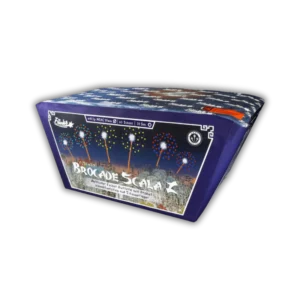 Funke Brocade Scala Z F2 – 63 Schuss Z-Shape Fächerbatterie mit Brokat-Schweifaufstieg, Multicolor-Buketts in Grün/Orange/Violett/Gelb/Blau/Rot und Titan-Zerlegern.