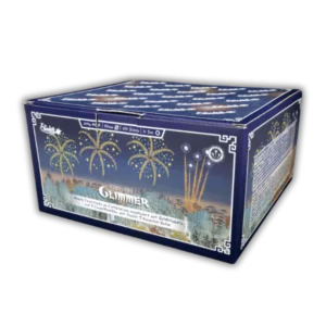 Funke Glimmer F2 – 100 Schuss Verbundfeuerwerk (20mm Kaliber) mit Feuertöpfen in Blau/Violett/Grün, riesigen Titangoldweiden, Goldblinkern und finaler Titansalut-Salve.