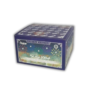Funke Scala 100A 100 Schuss F2-Batterie (30 mm Kaliber, 2,5 kg NEM) mit farbigen Polypsternen, Titanzerlegern und 40 Meter Effekthöhe.