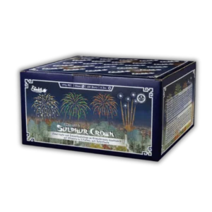 Funke Sulphur Crown F2 – 100 Schuss Verbundfeuerwerk (20mm Kaliber) mit Brokatkronen, Blinker-Feuertöpfen in Weiß/Grün/Rot und lautem Titansalut-Finale.