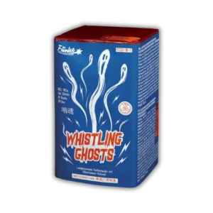Funke Whistling Ghosts 16 Schuss F2-Batterie (192g NEM) mit langbrennenden Tieftonheulern, Silberfunken-Schweif und 30 Meter Effekthöhe.