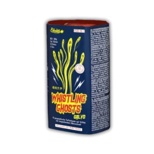 Funke Whistling Ghosts Salvo 10 Schuss F2-Batterie (120g NEM) mit Tieftonheuler-Salve, Silberschweif und 30 Meter Effekthöhe.