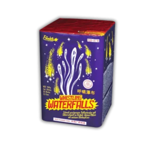 Funke Whistling Waterfalls 25 Schuss F2-Batterie (450g NEM) mit Tieftonheuler-Salve, Brokat-Wasserfällen und 50 Meter Effekthöhe.